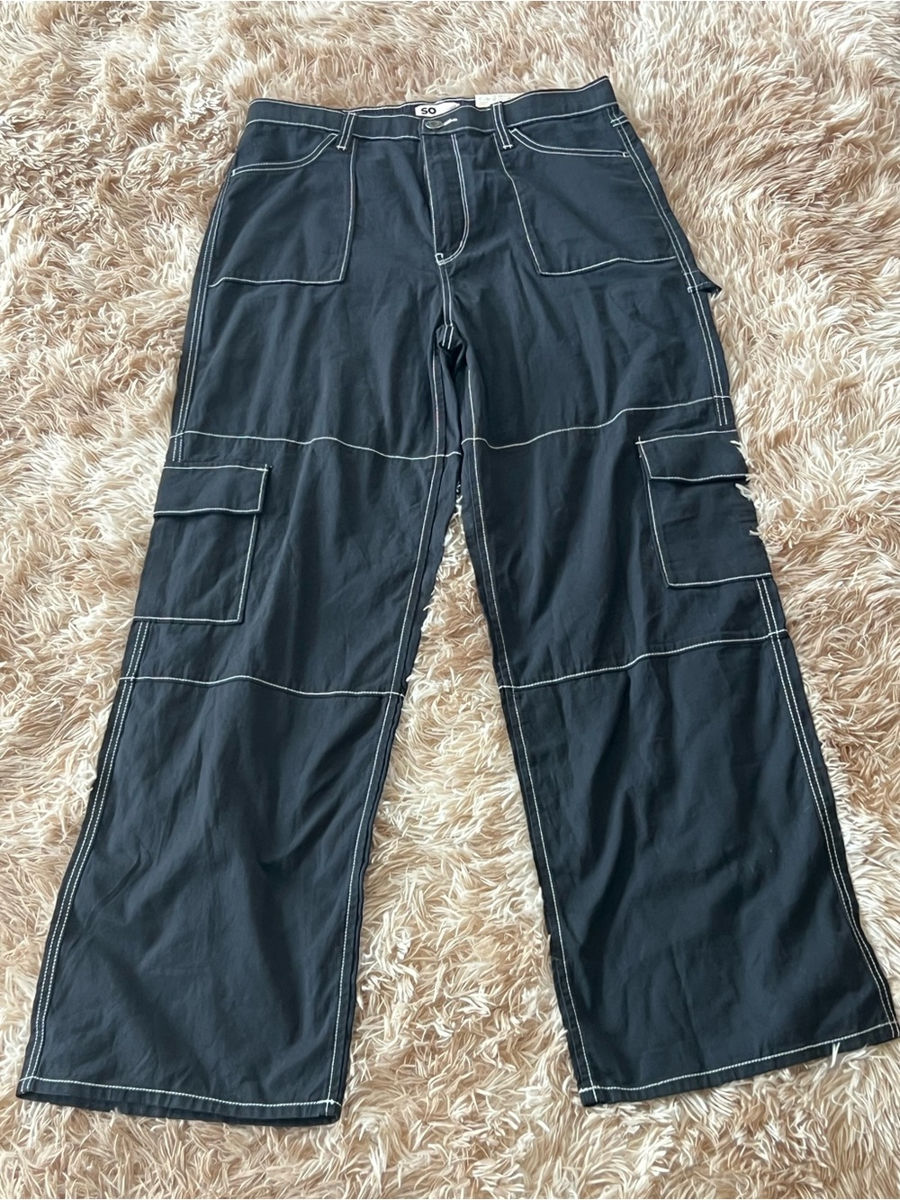 Black Cargo Pants Tall (32”) w/White Contrast Stitching. New w/Tags. Large.